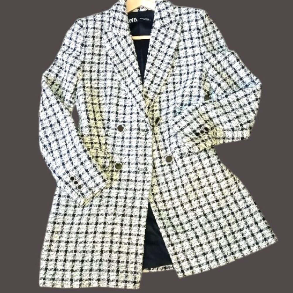 NWOT ZARA Black & White Plaid Tweed Long Blazer Size XS